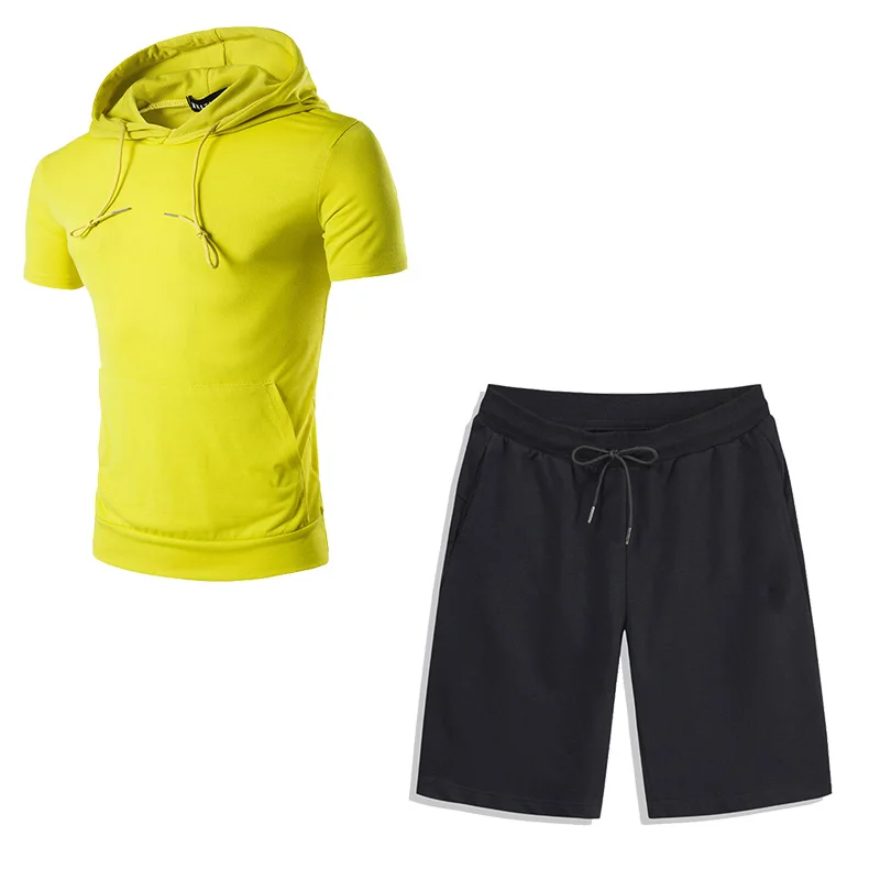 Brand New Basic Men's Sets Pullover Summer Short Sleeve Two Pieces Sports Sportswear Loose Shorts and Hoodies
