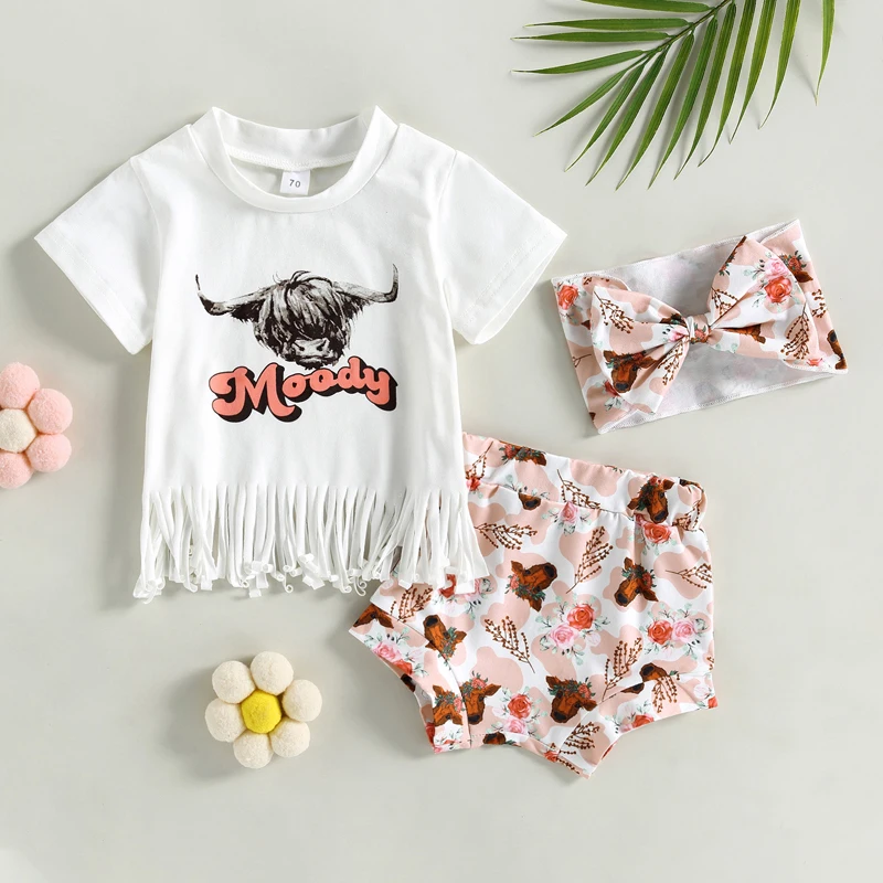 

Милые летние комплекты одежды для новорожденных девочек с принтом крупного рогатого скота с коротким рукавом юбка + шорты с высокой талией + повязка на голову