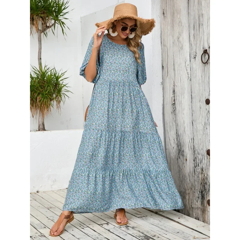 Винтажное повседневное Свободное длинное платье с круглым вырезом и средним