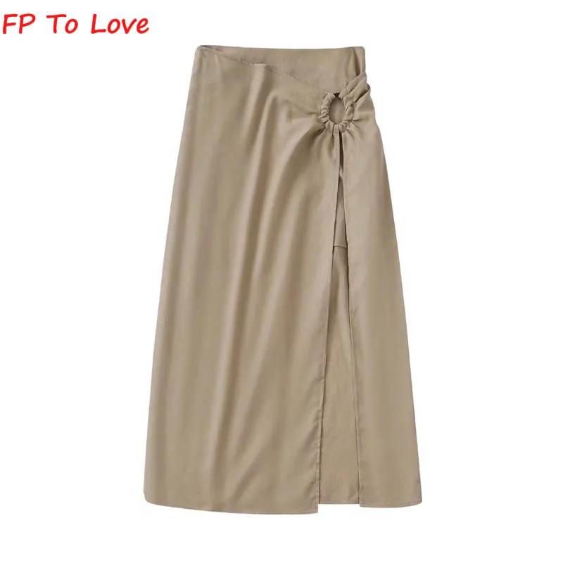 

FP To Love 2022 Summer Khaki Split Short Skirt Asymmetric Ring Elegant Cotton Linen A-Line Midi Skirt