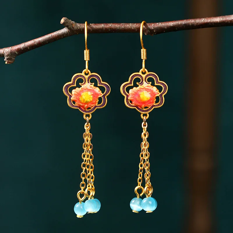 

Chinoiserie retro antique imitation Hotan Jade enamel color good luck lotus tassel earrings female fashion personality earrings