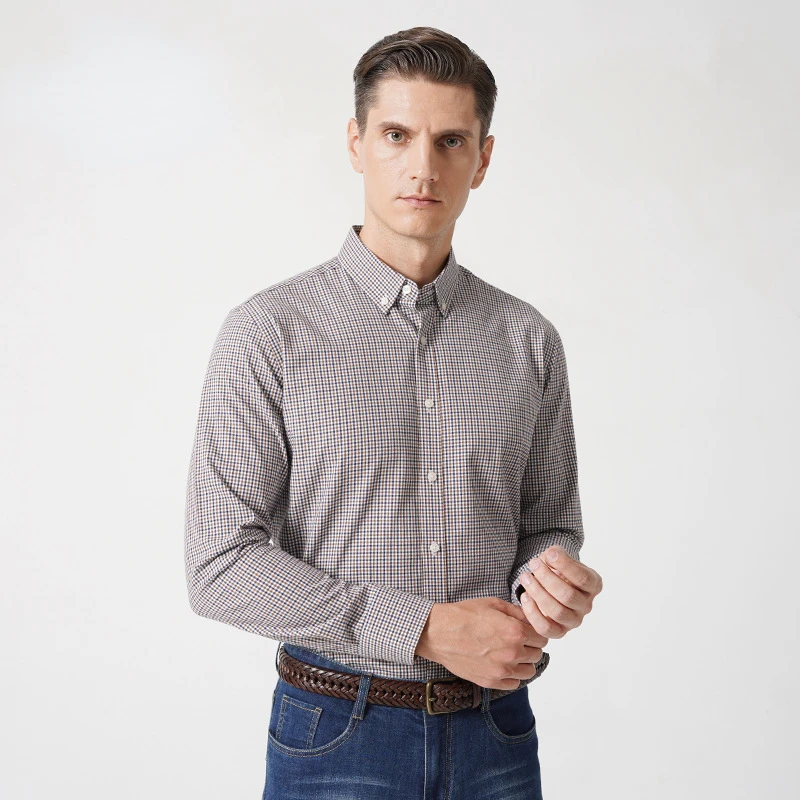

Mens Long Sleeve Shirt Oxford Plaid Casual Business Slim Shirts Regular-fit Button-down Collar Thick Work Shirts High Quality