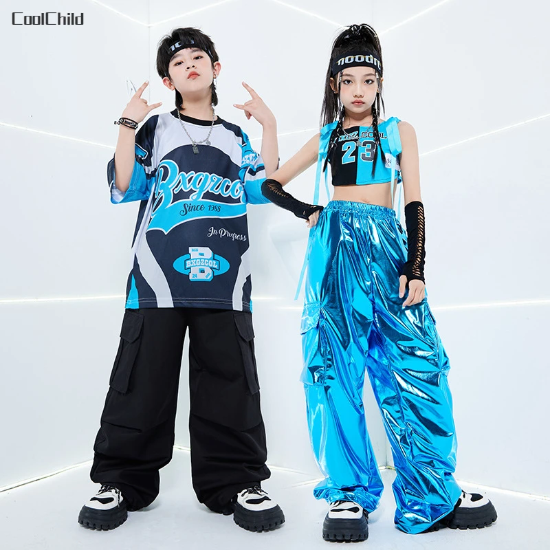 Футболка для мальчиков в стиле хип-хоп блестящие брюки-карго из искусственной