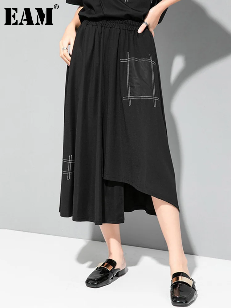 

Женская Асимметричная юбка [EAM], черная юбка до середины икры с карманами и высокой эластичной талией, весна-лето 2023, 1DD8090