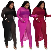 wishyear 2022 see through mesh two piece set long sleeve jumpsuit with skirt women fall sexy outfits going out club wear