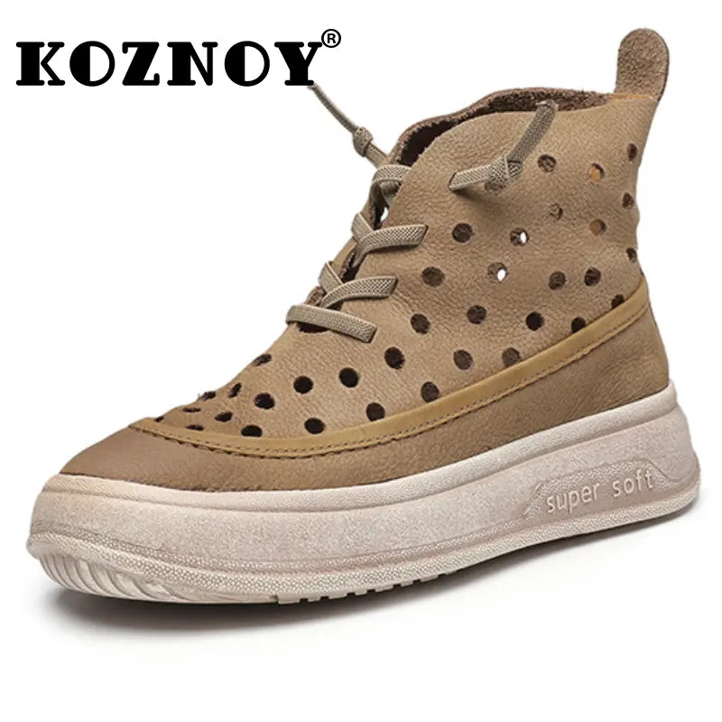 

Koznoy 3cm Women Cow Suede Genuine Leather Ankle Boots Hollow Ethnic Breathable Flats Soft Comfy Summer Moccasins Loafers Shoes
