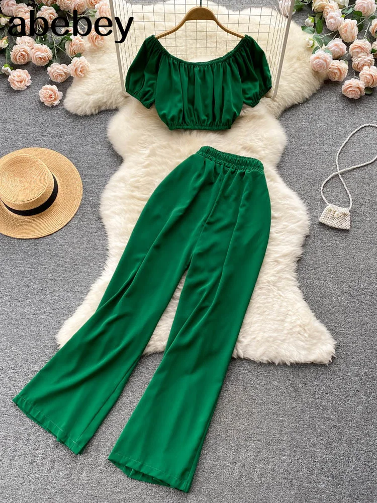 

Women Solid Sexy Two Pieces Sets Summer Slash Neck Slim Top + Wide Leg Long Pants Sets Streetwear Two Piece Suitss outfits