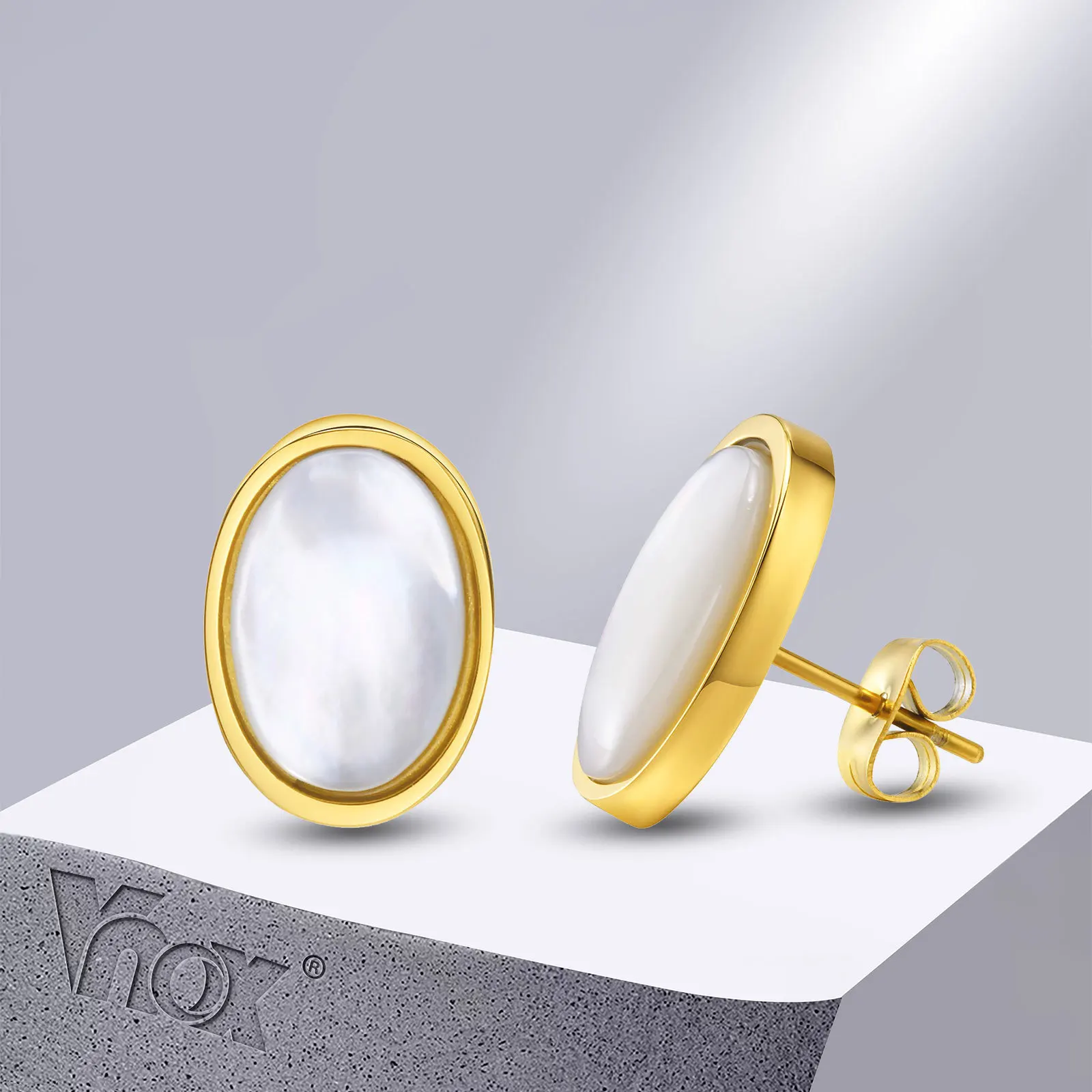 

Vnox Contemporary Shell Stone Stud Earrings for Women, Gold Color Stainless Steel Ear Gifts Jewelry, brincos femininos