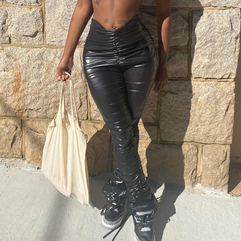 

Женские черные облегающие брюки-карандаш y2k из искусственной кожи, женские плиссированные брюки на шнуровке в стиле Харадзюку, Капри, легги...