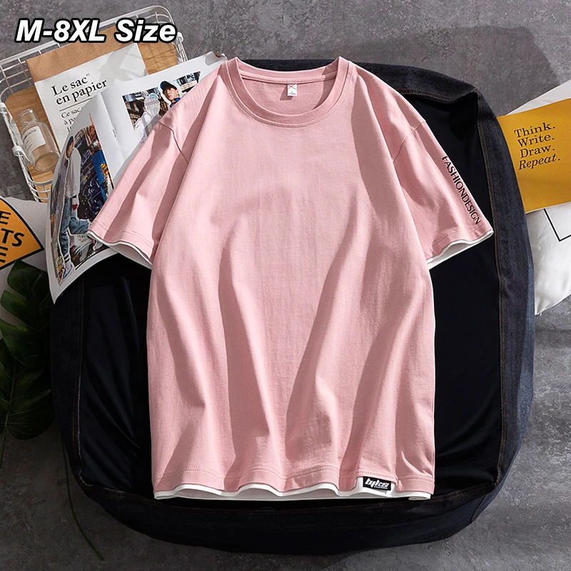 

M-8XL Cotton T Shirt Men Summer Short Sleeve Tops Korean Fashion Solid Color Fake Two Tees Casual Streetwear Plus Size Clothing