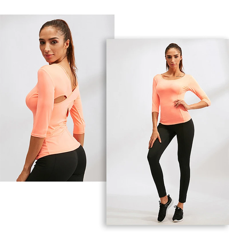 Women's Casual 3/4 Sleeve Shirts Backless T Shirts Round Neck Exercise  Workout Slim Fit Tennis Athletic Shirts Tops
