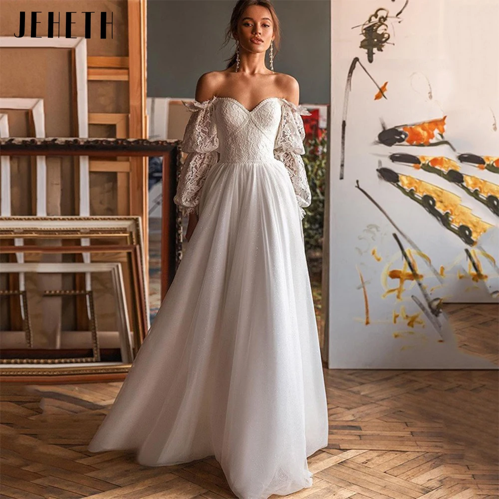 JEHETH-vestido de novia Vintage de tul brillante, manga larga abombada, elegante, de encaje