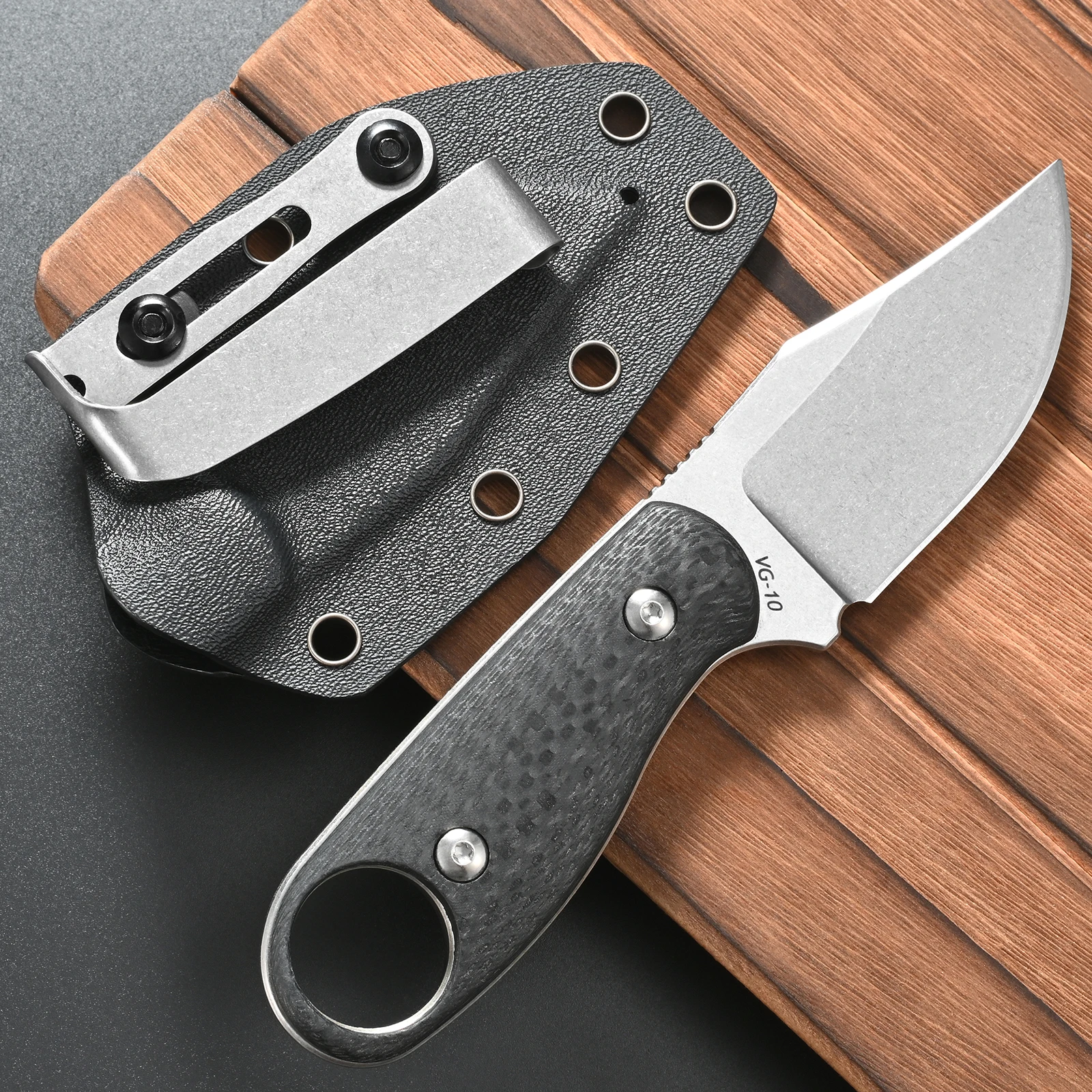 Фото Нож с фиксированным клинком FF124 из стали VG10 Stonewashed с рукоятью из карбонового волокна и ножнами для активного отдыха, кемпинга, охоты и работы №1