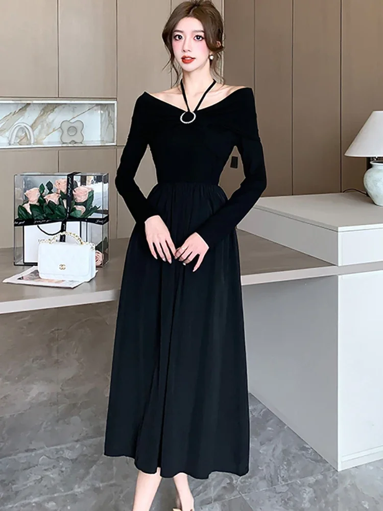 

Женское элегантное роскошное привлекательное длинное платье с воротником, осенне-зимнее черное вязаное платье в стиле пэчворк, корейское модное облегающее платье, 2023