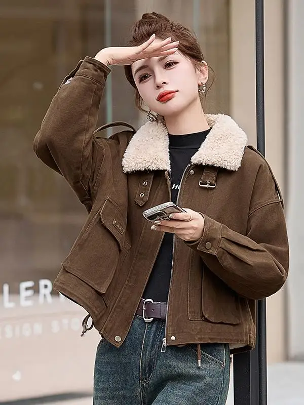 Ankela красное джинсовое пальто плюс бархатное женское короткое 2024 зимние