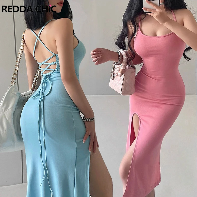 

ReddaChic Sexy Backless Lace-up Women Bodycon Dress with Thigh-high Slit Open Leg Bandage Solid Midi Long Knit Dress Summer New