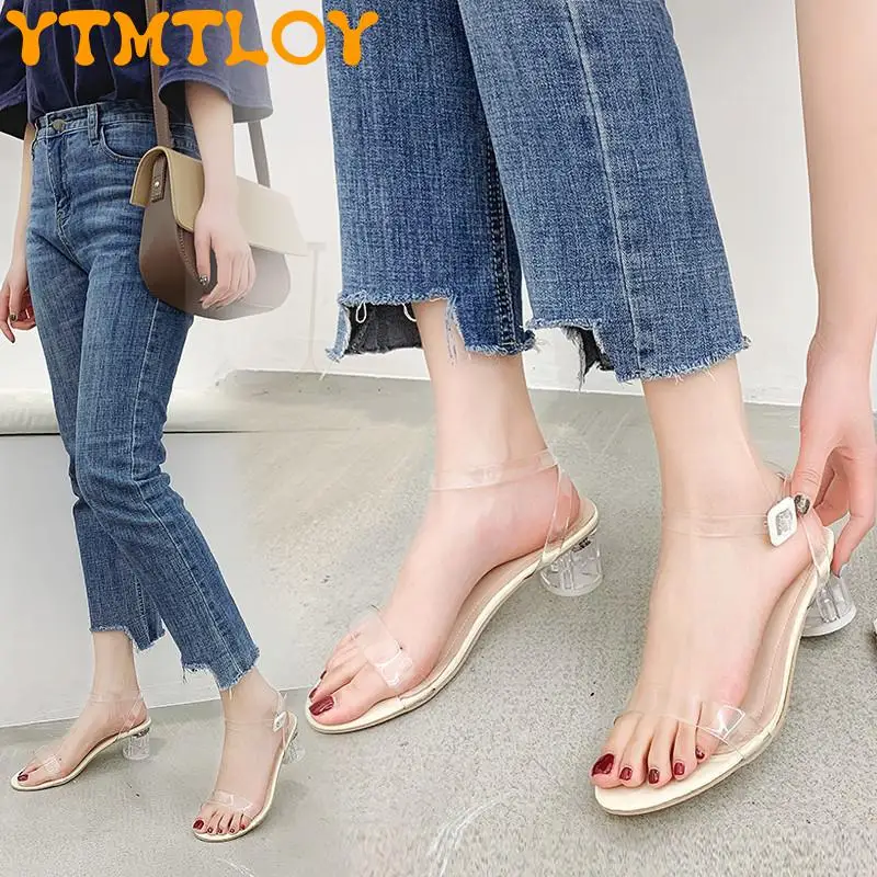 

2021 New All-match Transparent Word With Thick Heel Crystal Sandals Female Summer Mid-heel Fashion Fairy Shoes Gentle