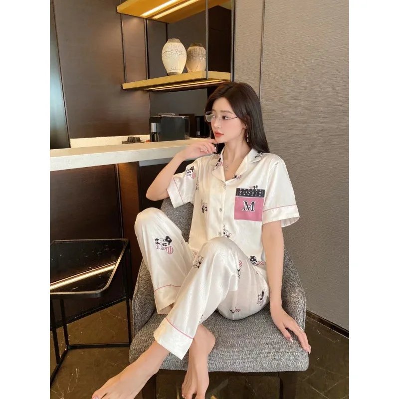 2023 Summer New Ice Silk Pajamas Women's Suit Cartoon Rats Short Sleeve Trousers Suit Homewear