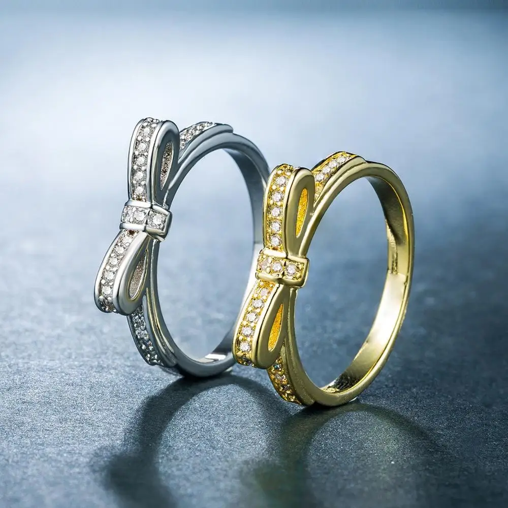 

New Cute Bow Ring, Personalized and Minimal Diamond Cubic Zircon Paved Silver Plated Women's Sparkling Style Engagement Ring