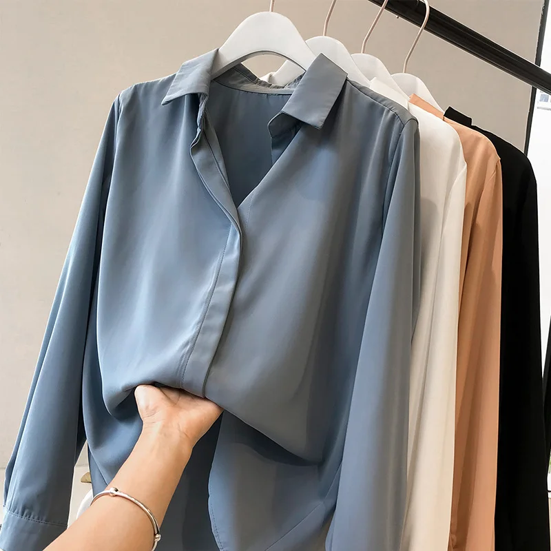 

Korean Fashion White Chiffon Blouse Plus Size Women's Spring Lapel Casual Office Lady Shirt Long Sleeve Shirts Roupas Femininas