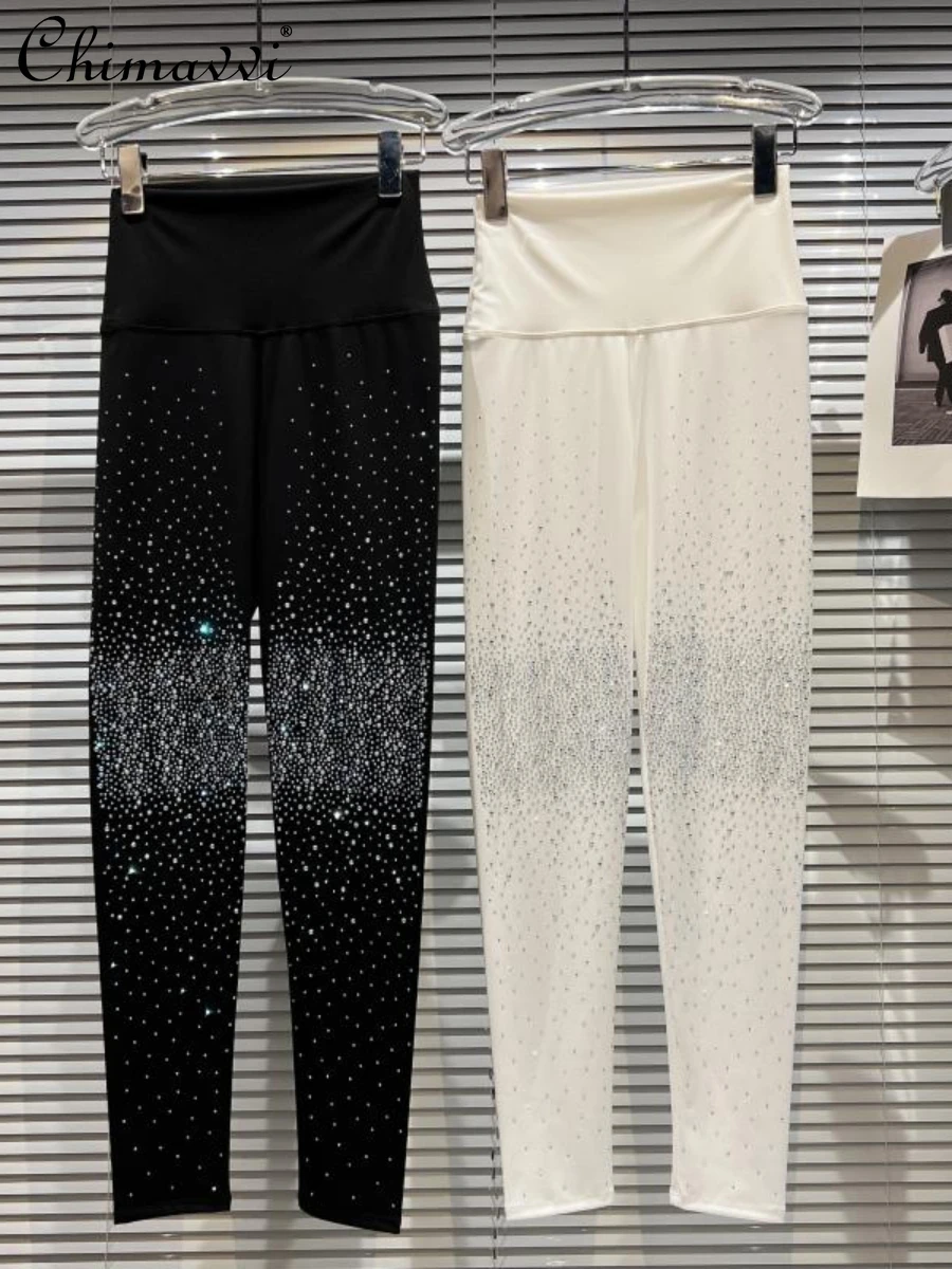 

Versatile High Waist Slim Solid Color Leggings Ladies 2022 Autumn New Fashion Gradient Rhinestone Stretch Yoga Leggings Women