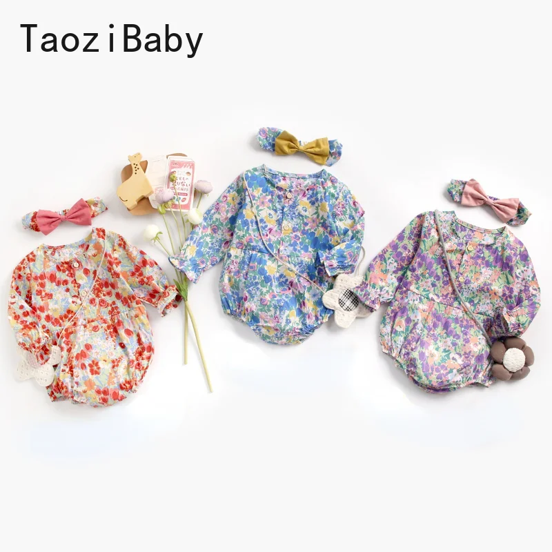 

Newborn Bodysuits 2022 Spring New Floral Rompers Baby Girls Long-sleeved Rompers with Headband Infant Clothing
