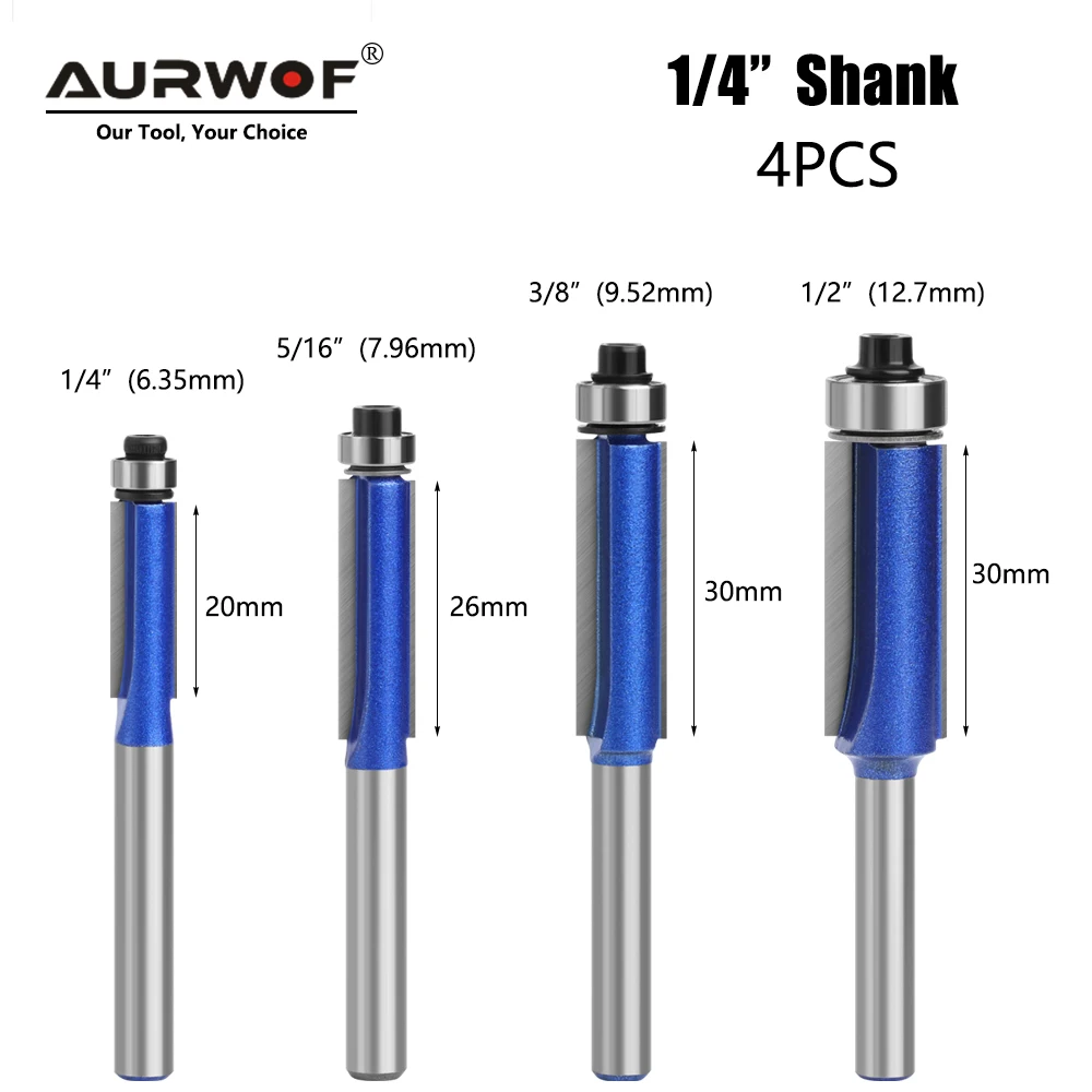 AURWOF 4pcs 6.35mm  shank high-quality Milling Cutter Flush Trim With Bearing Router Bit set for Woodworking