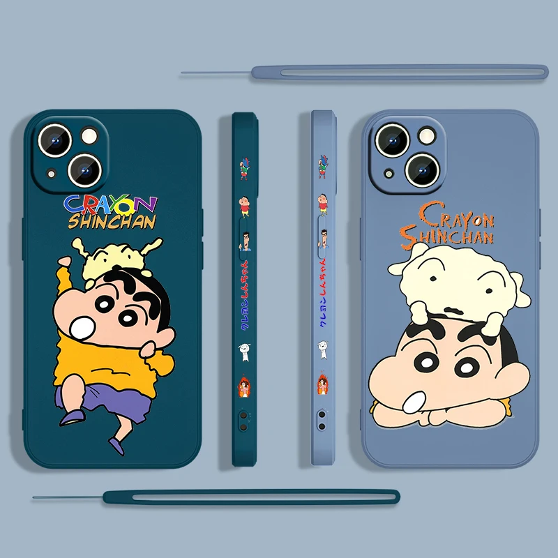 

Cute Cartoon Crayon Shinchan For Apple iPhone 13 12 Mini 11 Pro XS MAX XR X 8 7 6S SE Plus Liquid Left Rope Silicone Phone Case