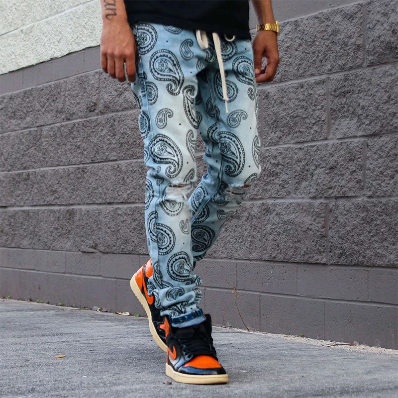 Fashion Style Streetwear Hip Hop Denim Pants High Quality Ripped Stacked jeans Custom Slim Fit jacquard Printing Jeans for Men