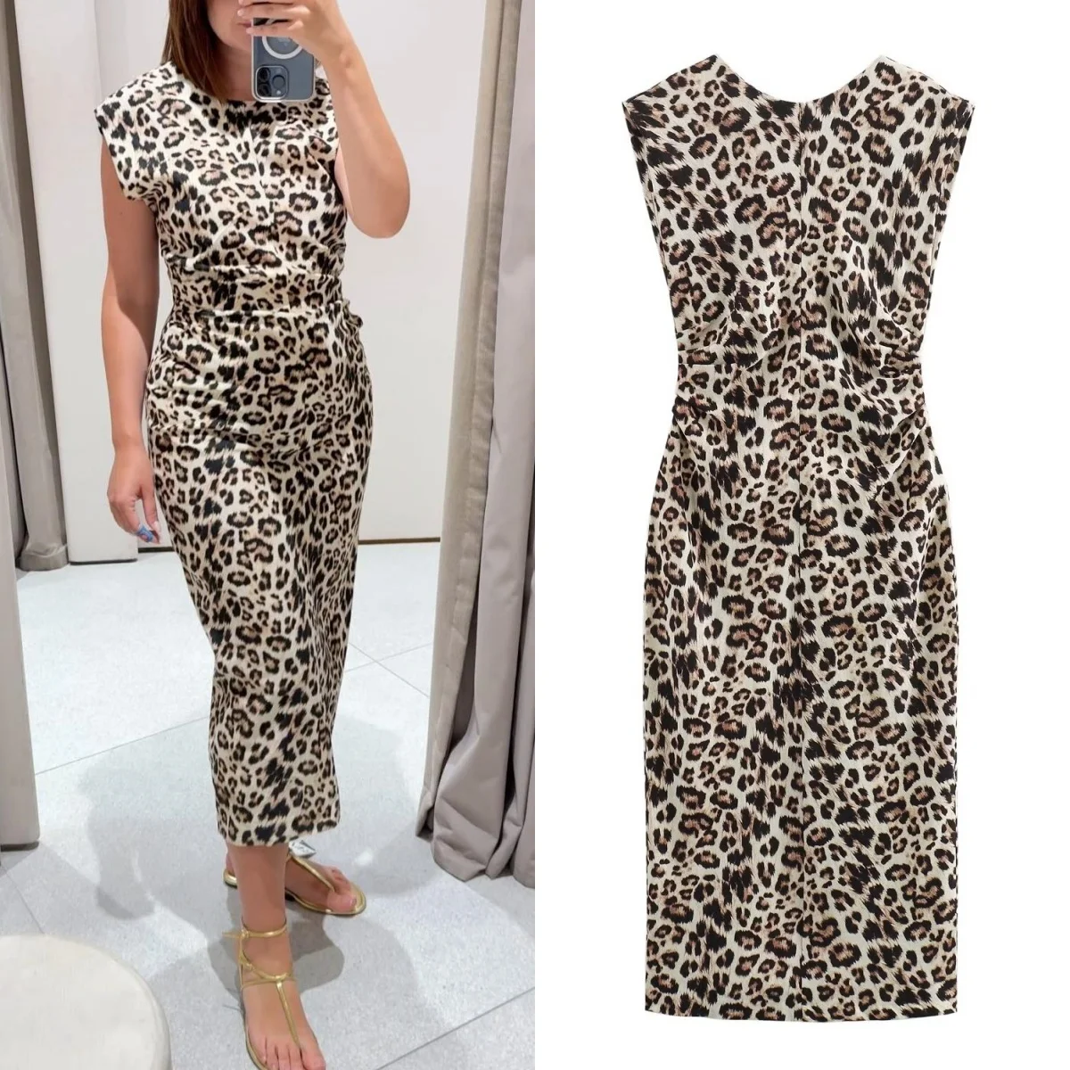 Женское льняное плиссированное платье макси на молнии с леопардовым принтом и