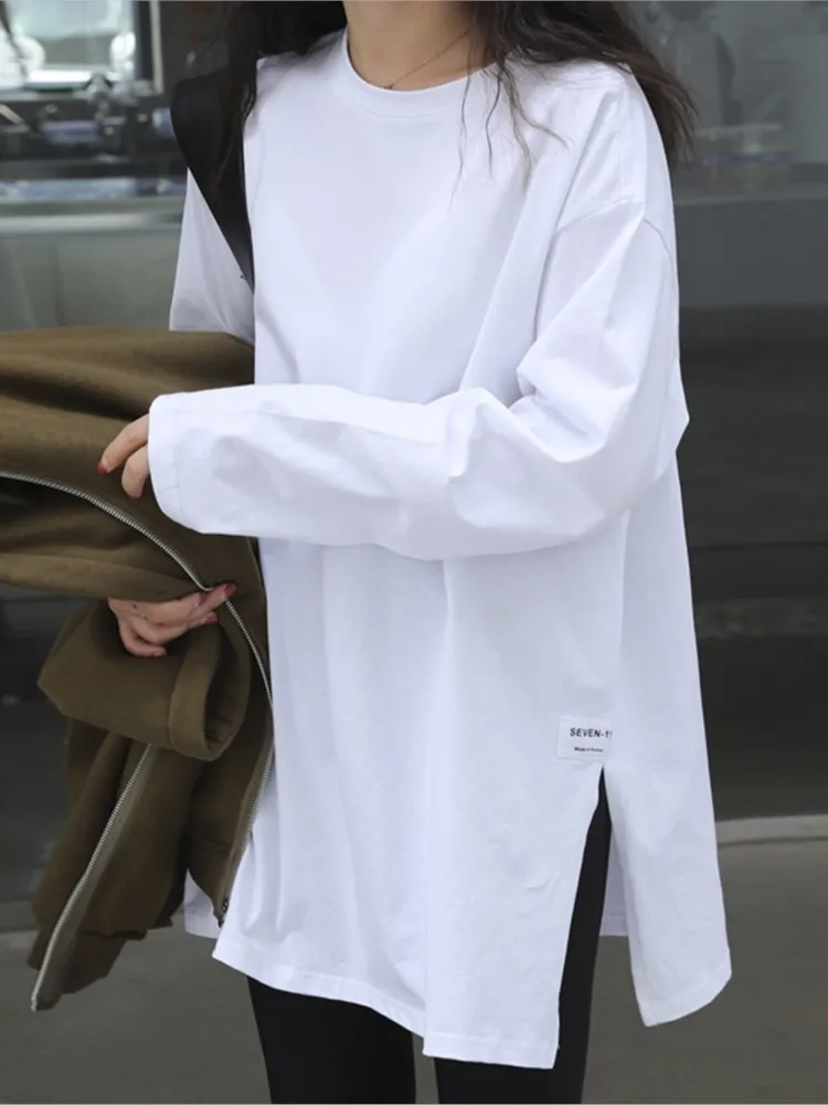

T-shirt Women Split Solid Color Long Sleeve O-neck Autumn Female Long Top Loose Casual Women Pullover