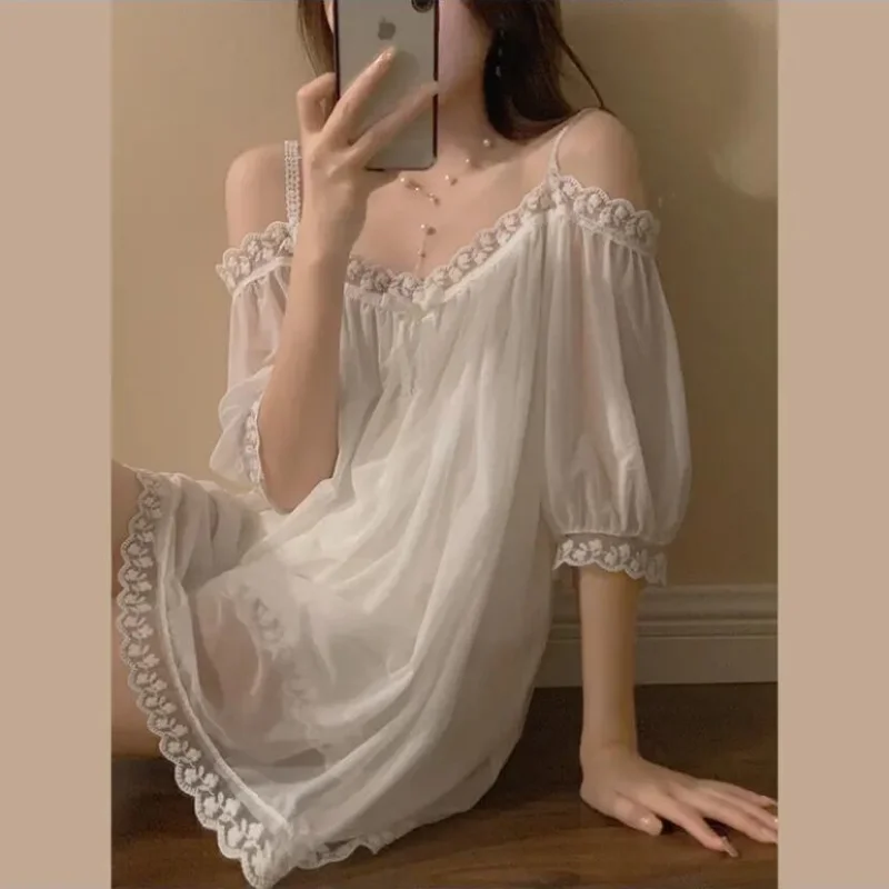 QWEEK 2 Pieces Women's Cotton Pajamas Summer Sexy Lace Princess Style Suits with Shorts Japanese Sweets White Sleepwear 2023 New