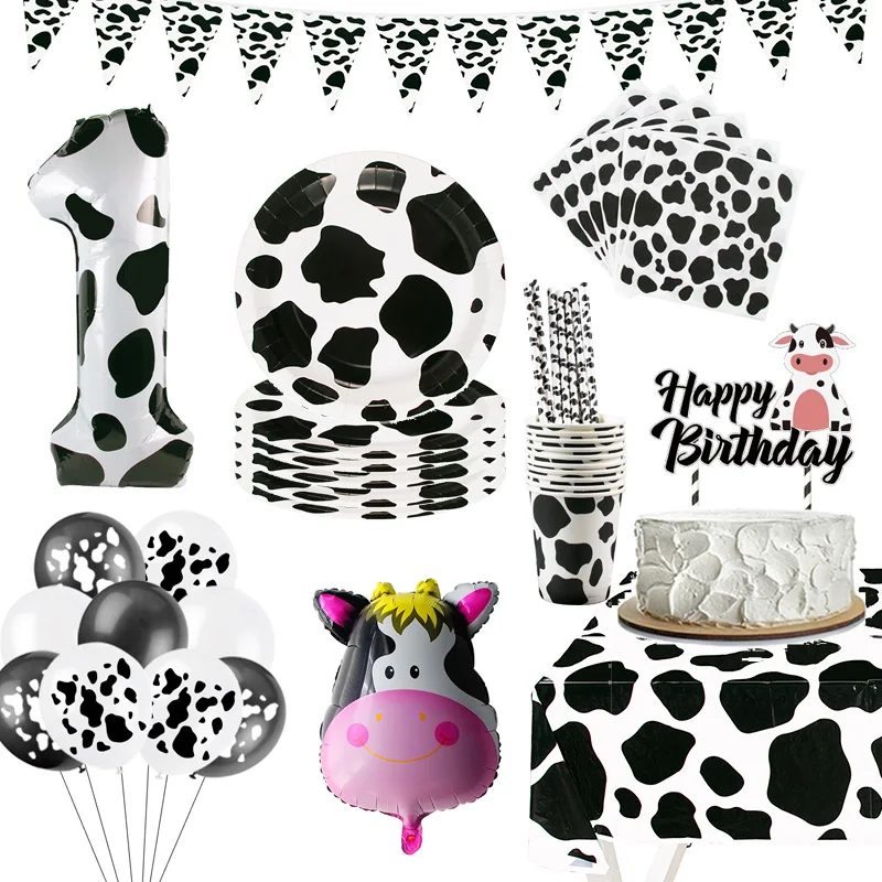 

Farm Cow Theme Birthday Party Decoration Cow Print Paper Plate Cup Straw Banner Wedding Birthday Party Decor Baby Shower Supply