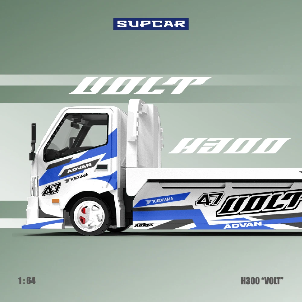 Фото Коллекционная модель автомобиля SUPCAR 1:64 H300 Flatbed Transport Trailer ADVAN VOLT, сине-белая ливеринговая расцветка, имитация, литая под давлением, из сплава. №4