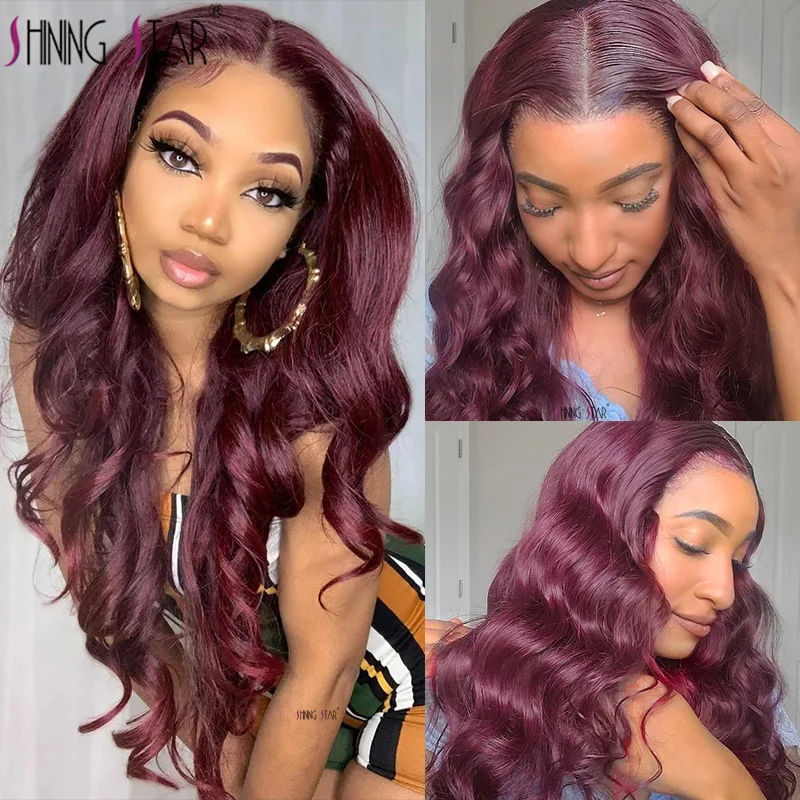 Burgundy Lace Front Wigs Human Hair Body Wave 99J Red Lace Frontal Human Hair Wig For Black Woman 13x4 Transparent Lace Wig 180%