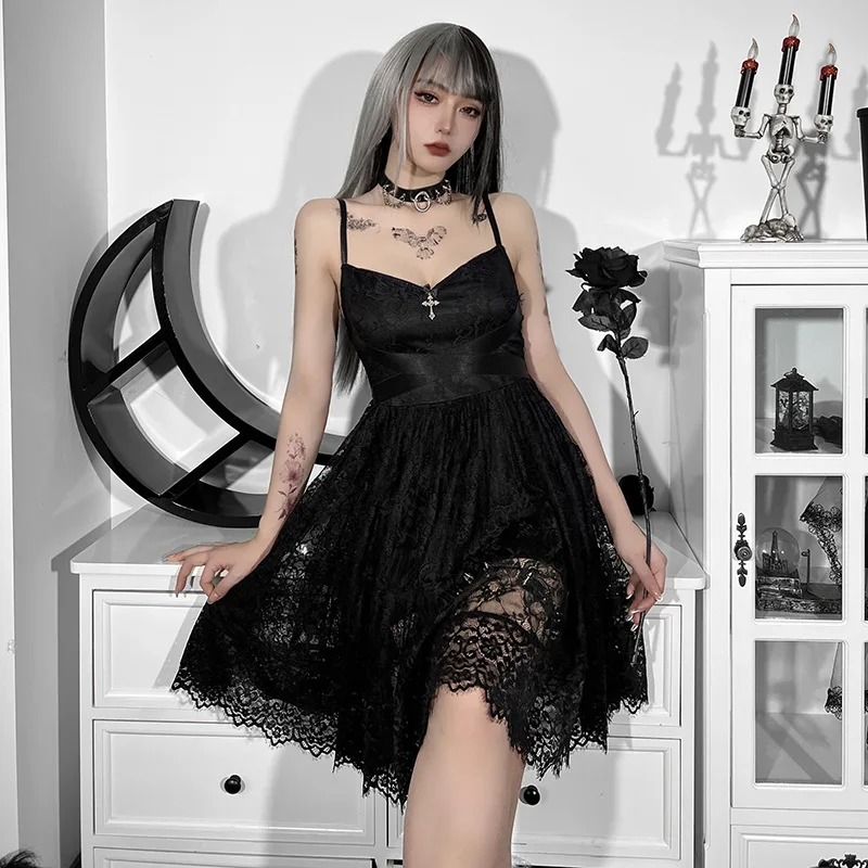 

Gothic Lace Silver Cross Backless Elegant Party Dress Mesh Bandage Lace Midi Dress Sexy Black Bridesmaid Dress y2k dress