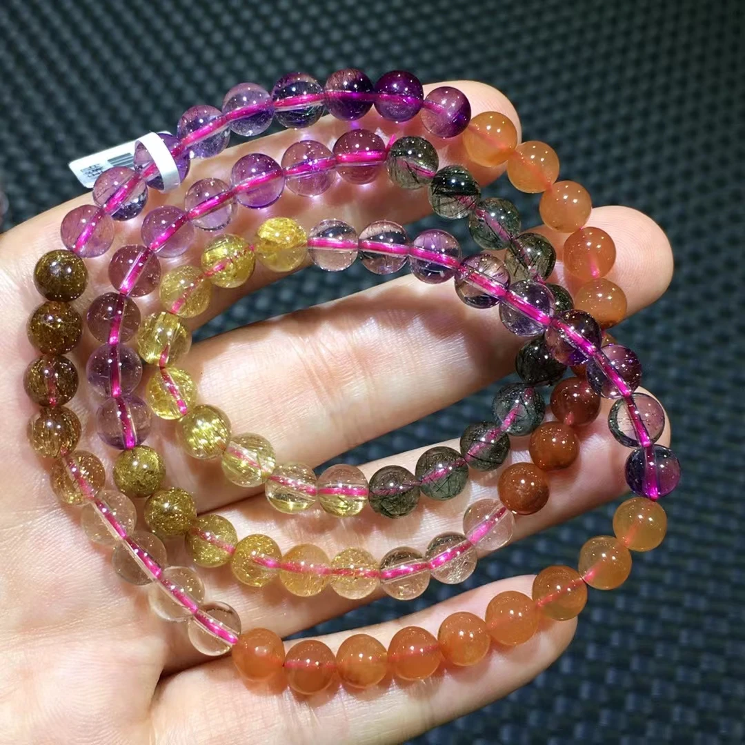 

Natural Different Mixed Stone Super 7 Lepidocrocite Gold Green Rutilated Quartz 3 Laps Beads Bracelet 6mm AAAAAA