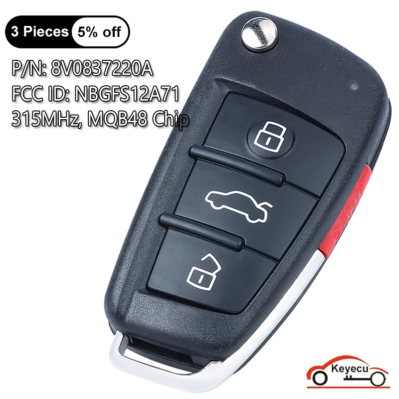 

KEYECU 4 Buttons 315MHz MQB48 for Audi Q3 A3 S3 2013-2019 OEM Board Flip Remote Key Fob DE 8V0837220A NBGFS12A71 5FA010780-20