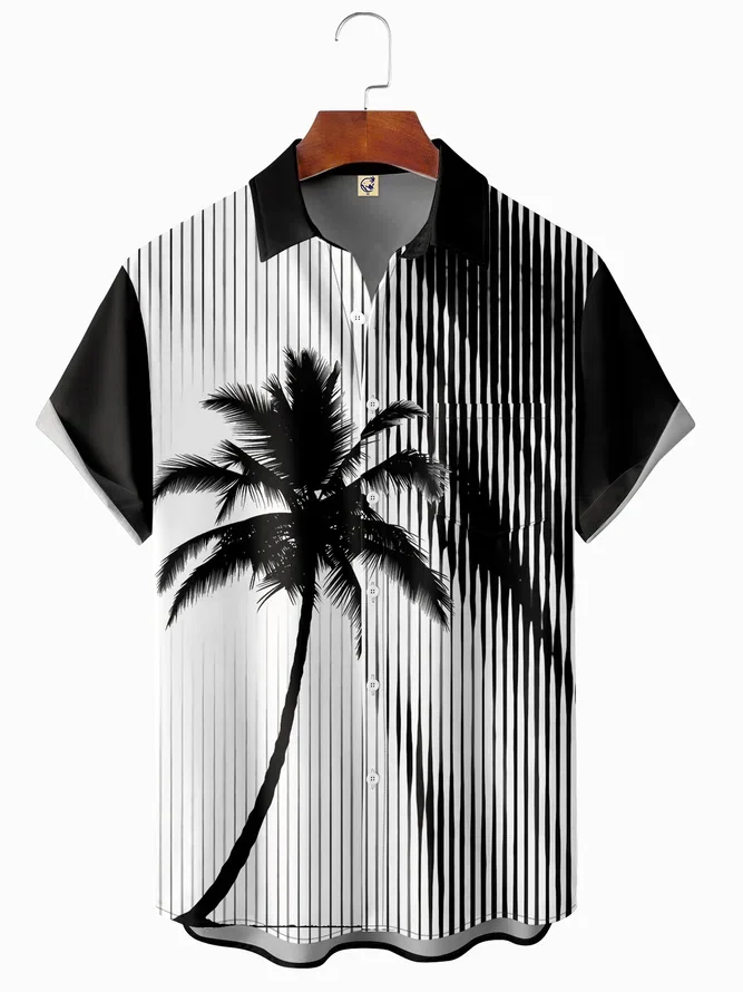 

Mens Black-white Stripes Coconut Tree Print Front Buttons Soft