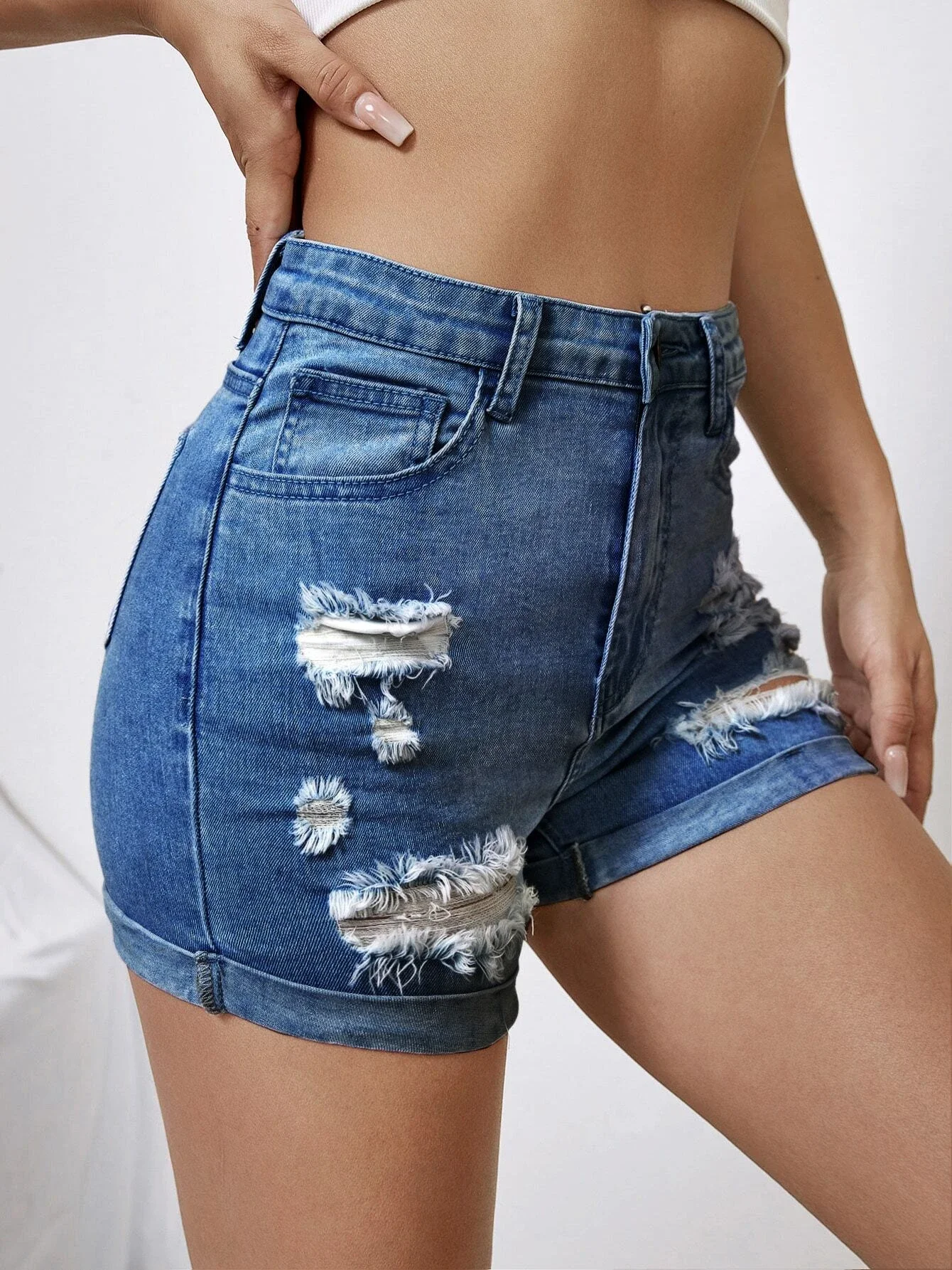 

Ripped Zip Fly Denim Shorts