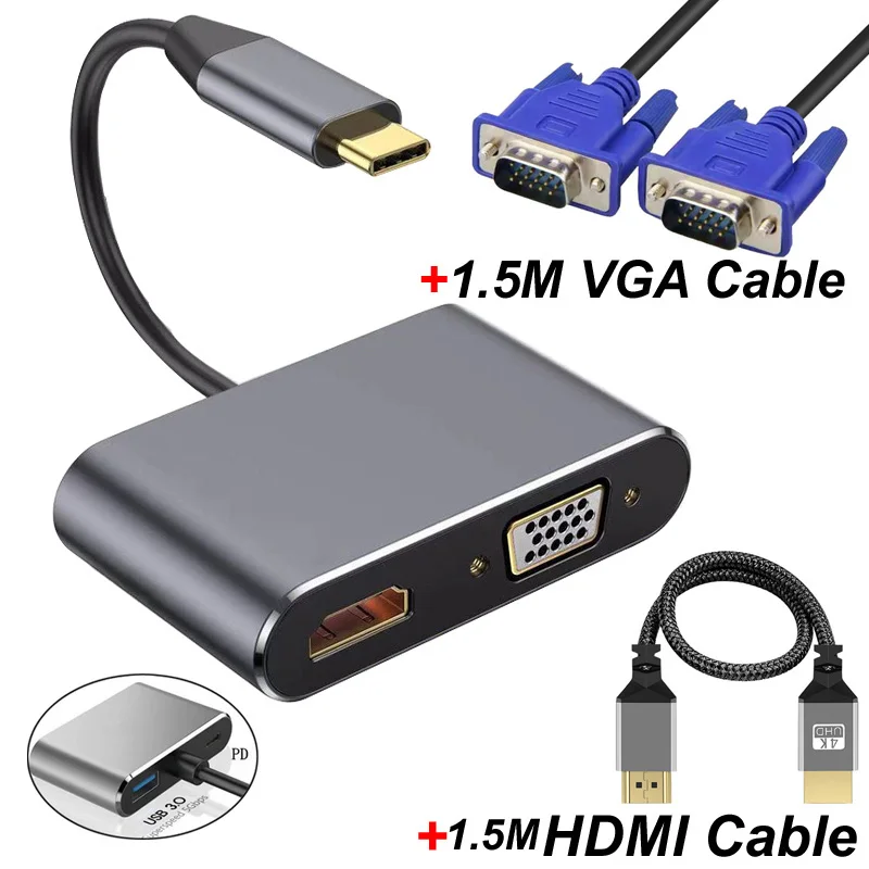 

Type-C to 4K HDMI-Compatible+VGA+USB 3.0 Hub+60W PD OTG Charging Power Audio Video Adapter Cable For MacBook Nintendo Samsung S20 Dex Huawei P30 Dock Xiaomi 10 TV