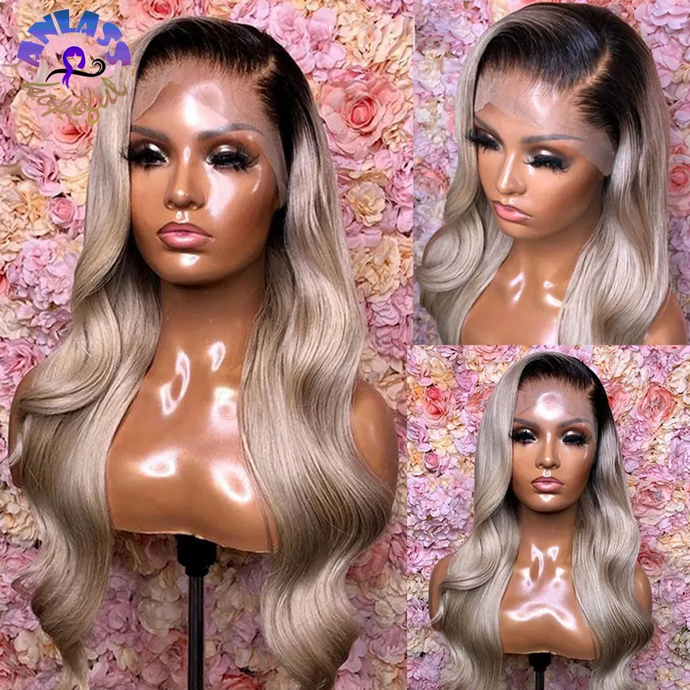 

Free Part Ombre Grey Wig Synthetic Lace Front Wig Long Body Wave Wig Heat Resistant Fiber Glueless Daily Wigs For Women