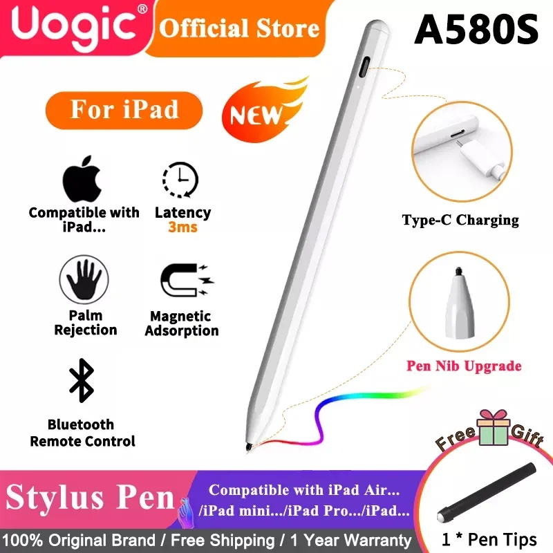 Newest A580S Uogic Stylus Pen for iPad, Magnetic, Rechargeable, Palm Rejection, Compatible with iPad launchedin 2018-2021 or lat