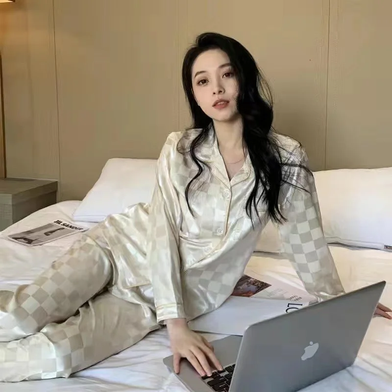 Plaid Pajamas Ladies Summer 2023 New Large Size Spring and Autumn Long Sleeve Thin Ice Silk Homewear Set