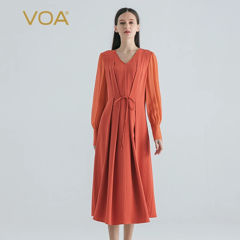 

(Fans Exclusive Discount) VOA Silk Boundless Brick Red V-Neck Shirt Long Sleeve Dresses Women High Quality Dress Autumn AE1812
