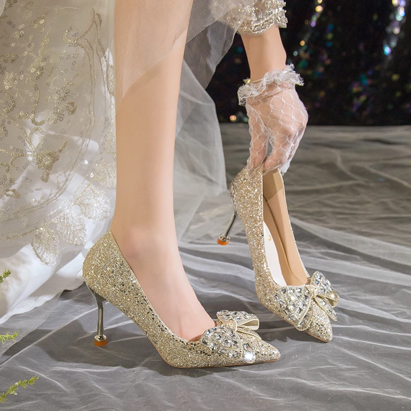 

Hot Sale Pointed Toe Crystal Pumps Women 2023 New Heels Silver Sequins Party Shoes Woman Slip on High Heels Wedding Shoes
