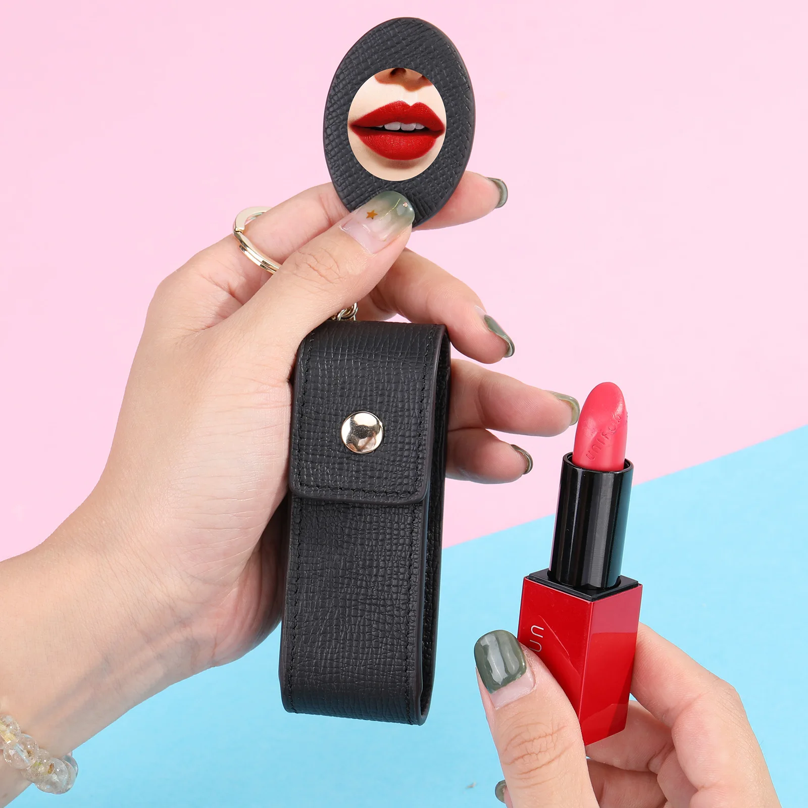 New Fashion Real Leather Lipstick Bag for Women Makeup with Mirror Lipstick Storage Bag Small Lipstick Bag Protective Mini Case