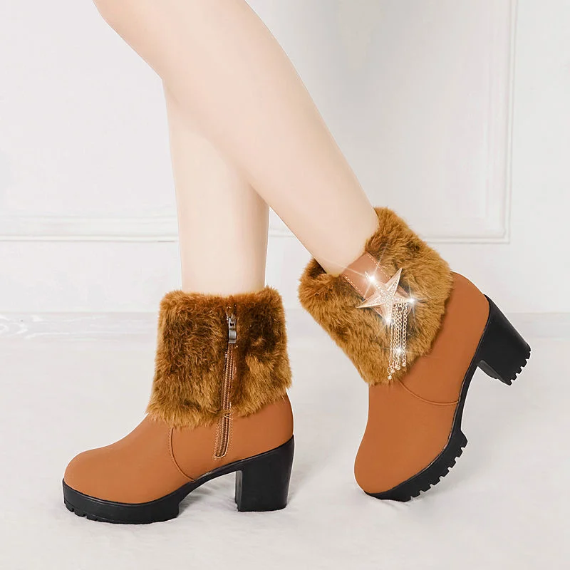 

Женские модные черные зимние теплые меховые ботинки на квадратном каблуке с круглым носком, женские повседневные Демисезонные ботильоны, женские ботинки H15