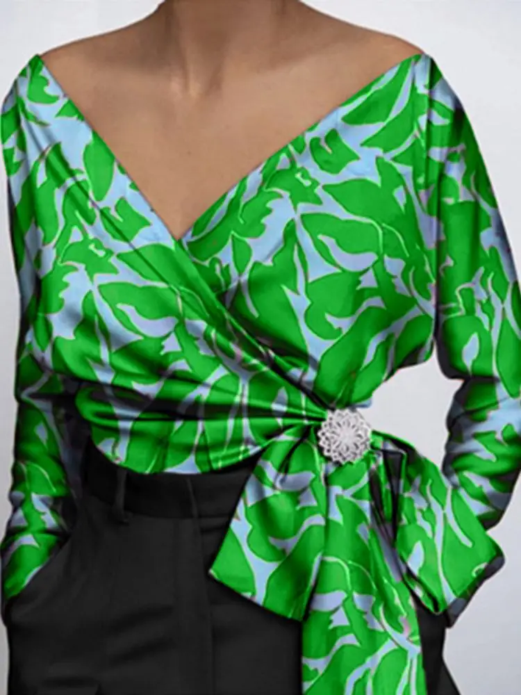 

VONDA Women Blouses Summer Vintage Long Sleeve Elegant Print Baggy Tunic Top Printed Shirts V Neck Blusas Loose Chemise Oversize