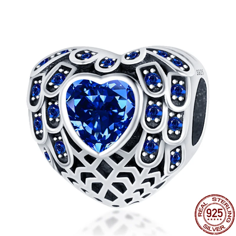 

925 Sterling Silver Heart-Shaped European Blue Zircon Battle Armor Beads Charms Fit Original Bracelet Making DIY Women Jewelry